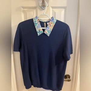 J Crew navy blue short sleeve sweater with print collar. Women’s size L